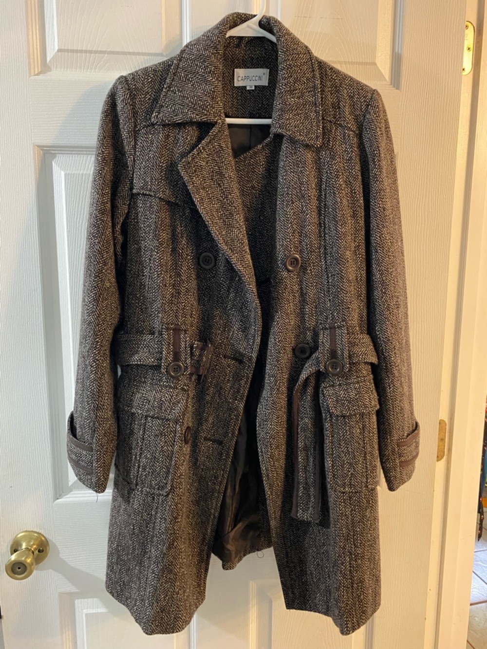 Aprico Brown Herringbone Trench Coat with Belt